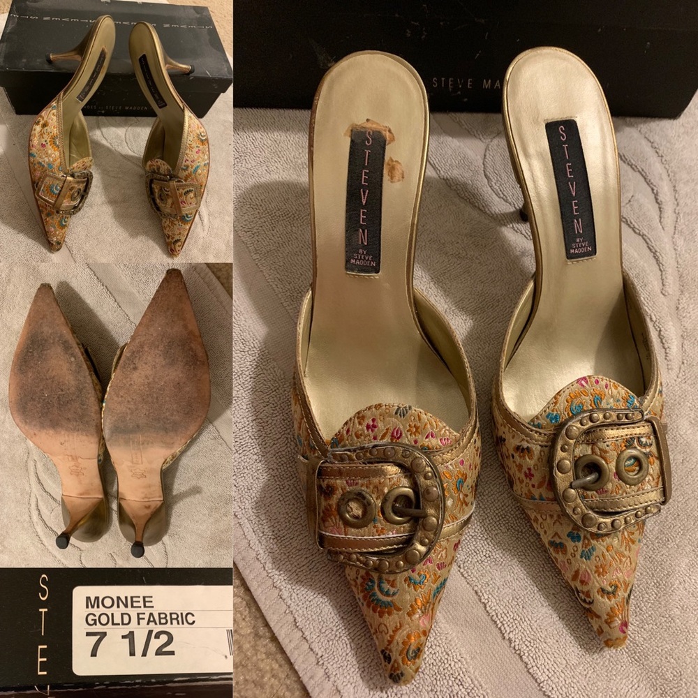 Steven by Steve Madden brocade kitten heel slides.